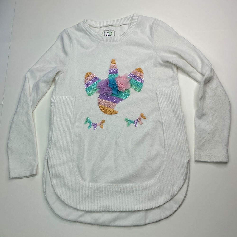 ColorTree White Unicorn Sequin Top Girls Size 10/12 Long Sleeve 3D Flower Knit